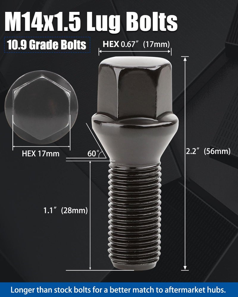 GAsupply 14x1.5 28mm Shank Lug Bolts, 20pcs Black Conical Seat 56mm Tall Lug Studs for Wheel Spacers, 17mm Hex - Image 2